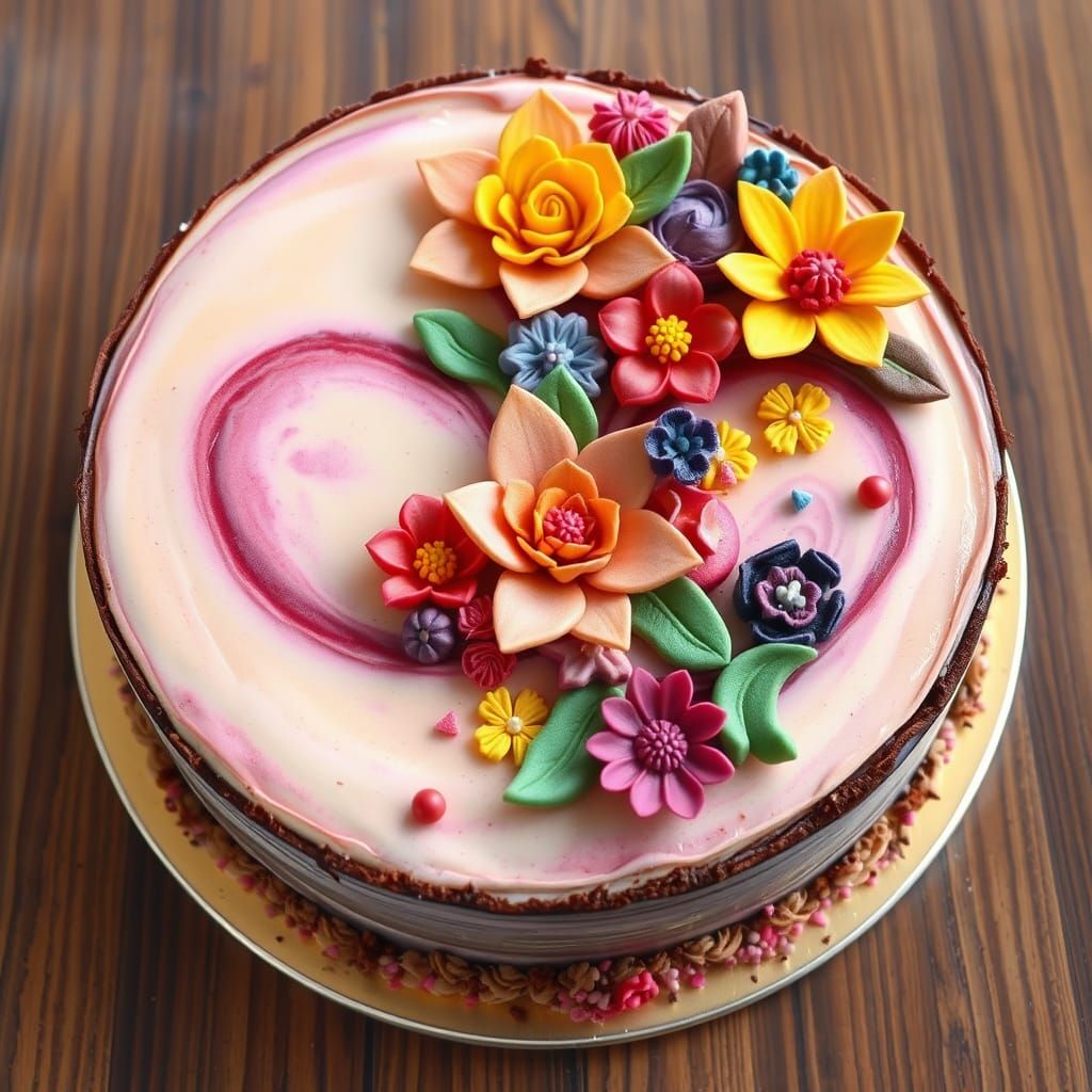 Surreal Triple Chocolate Cake with Vibrant Decorations in Pa...