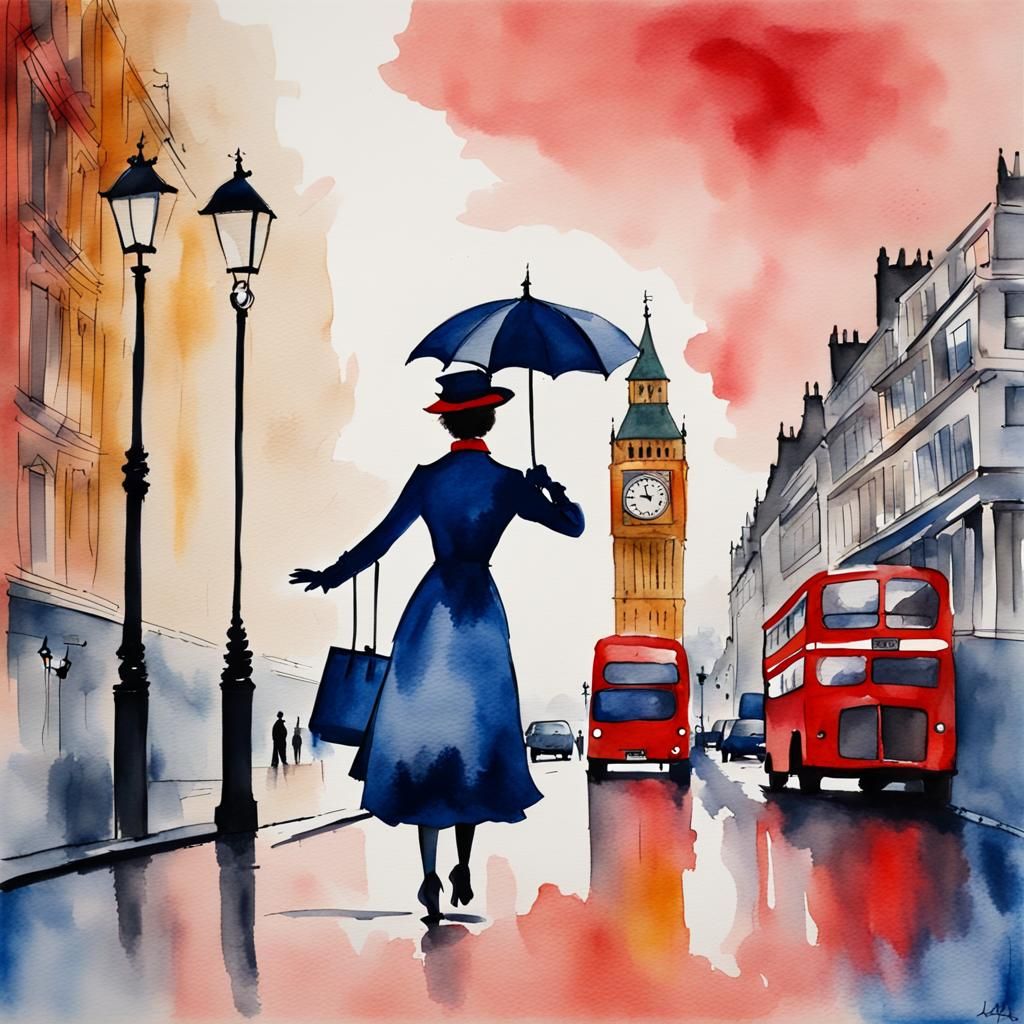 Watercolor of Mary Poppins in London