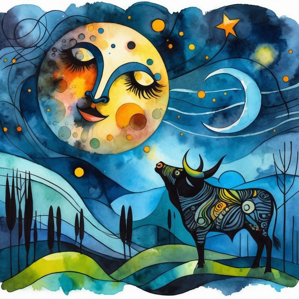 un toro enamorado de la Luna, acuarela, fondo sublime, estilo Joan Miró