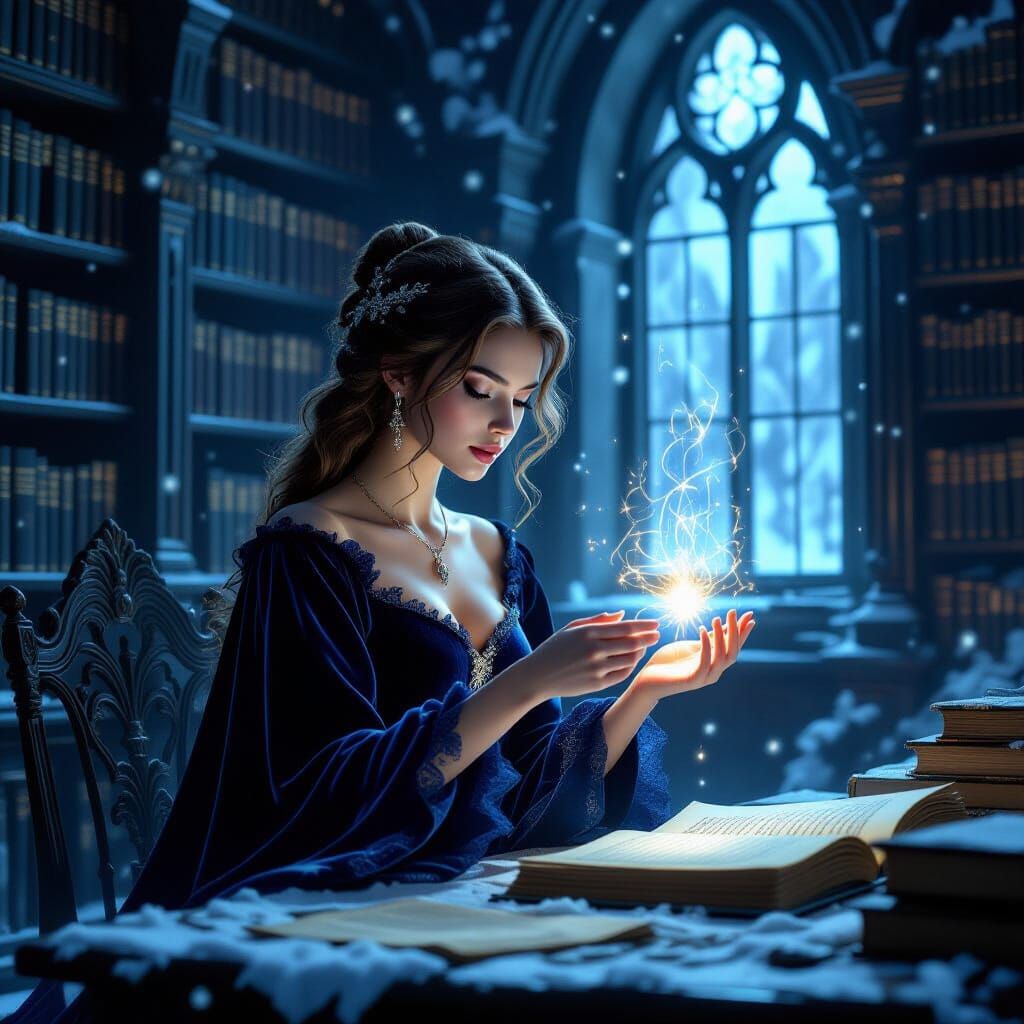 Witch Conjuring Light in Ancient Castle Library