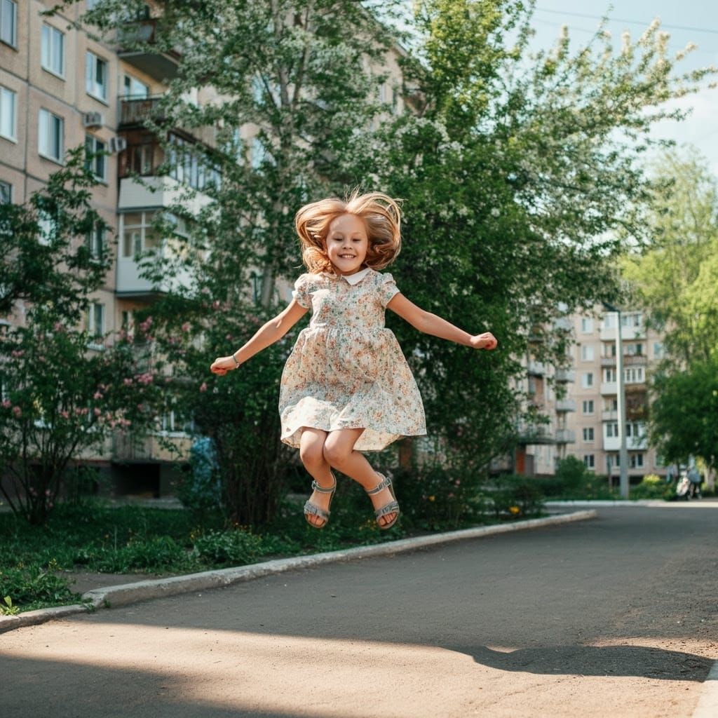 Girl Jumps on City Street in Photorealistic Style