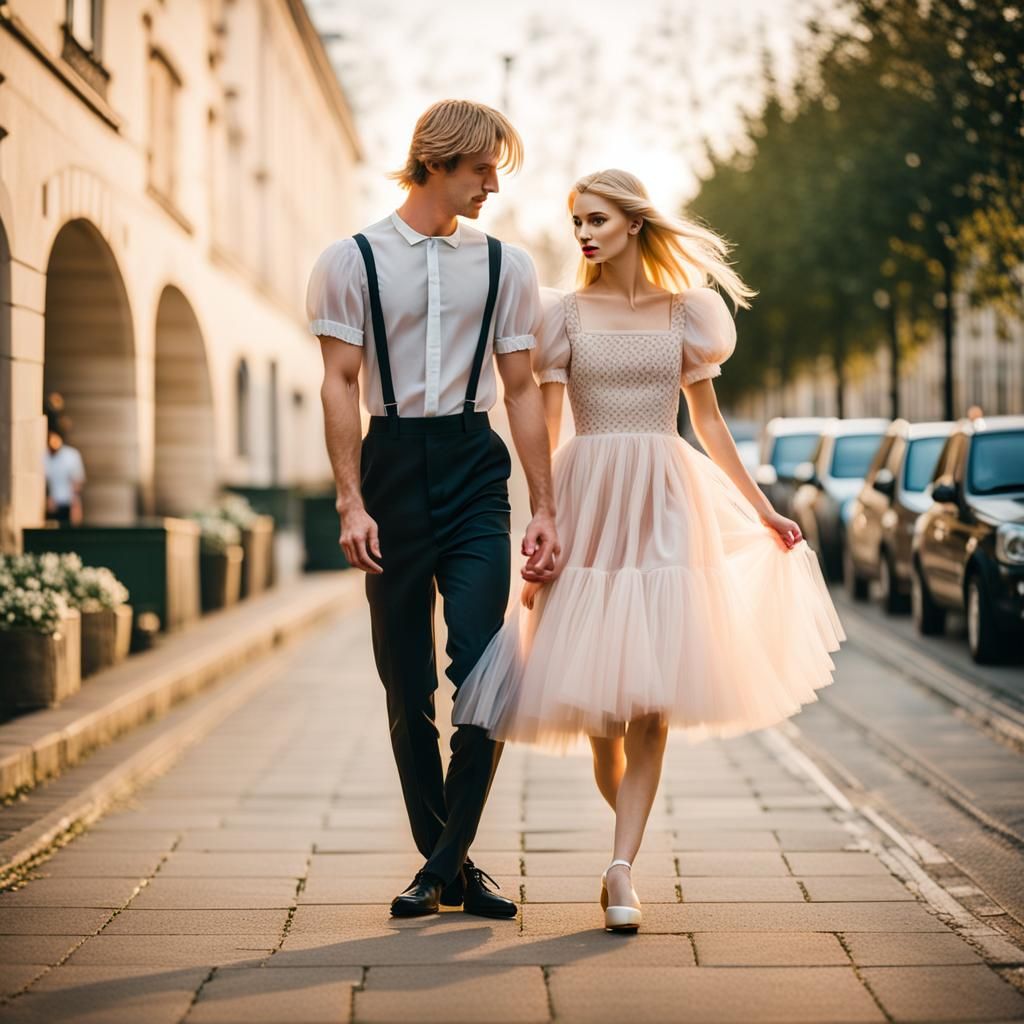 Elegant Young Man Crossdressing in Tulle Dress as Contempora...