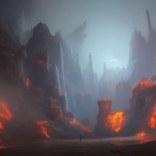 City Ablaze: Detailed Matte Painting in Deep Color