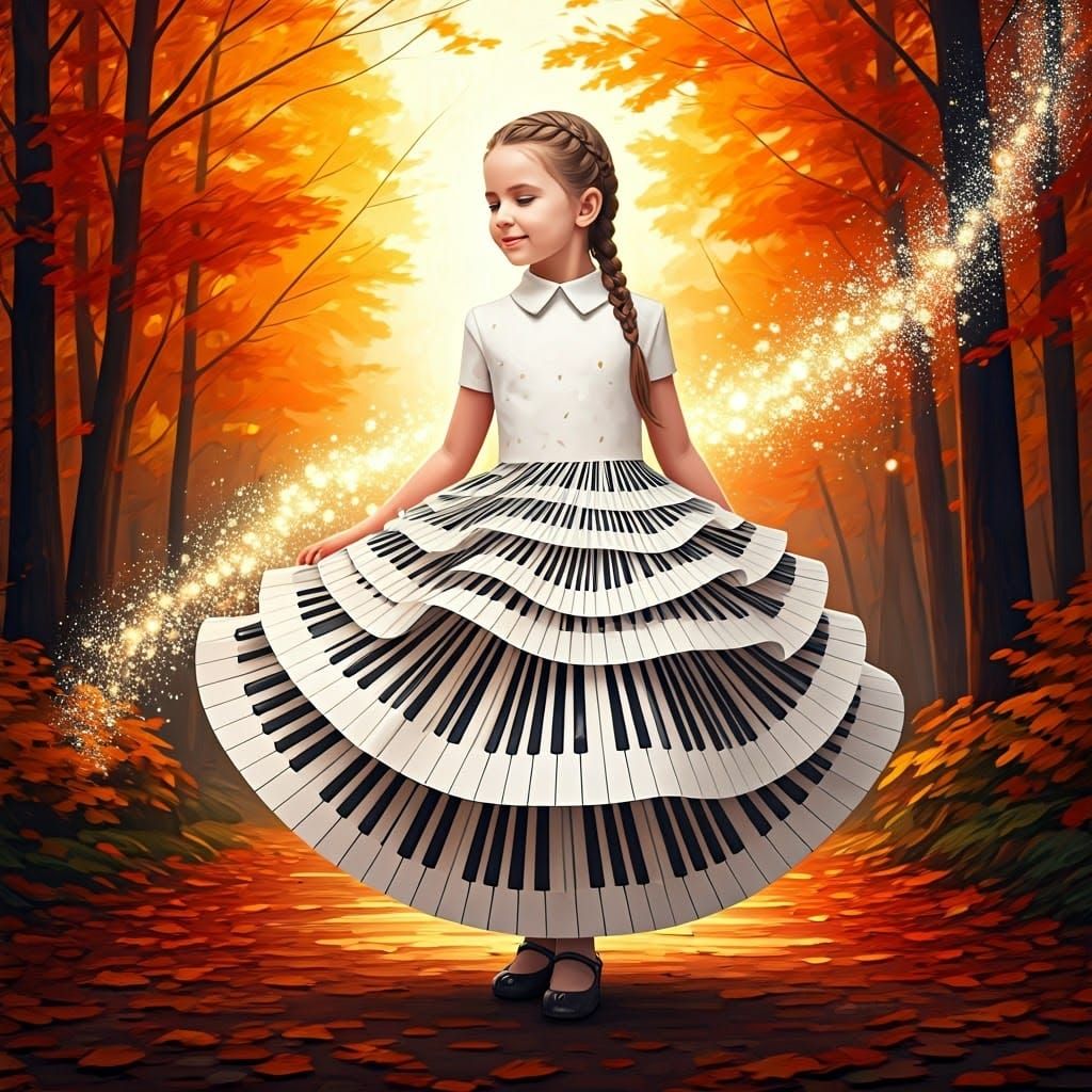 Whirling Piano Key Ballerina in Vibrant Autumn Forest