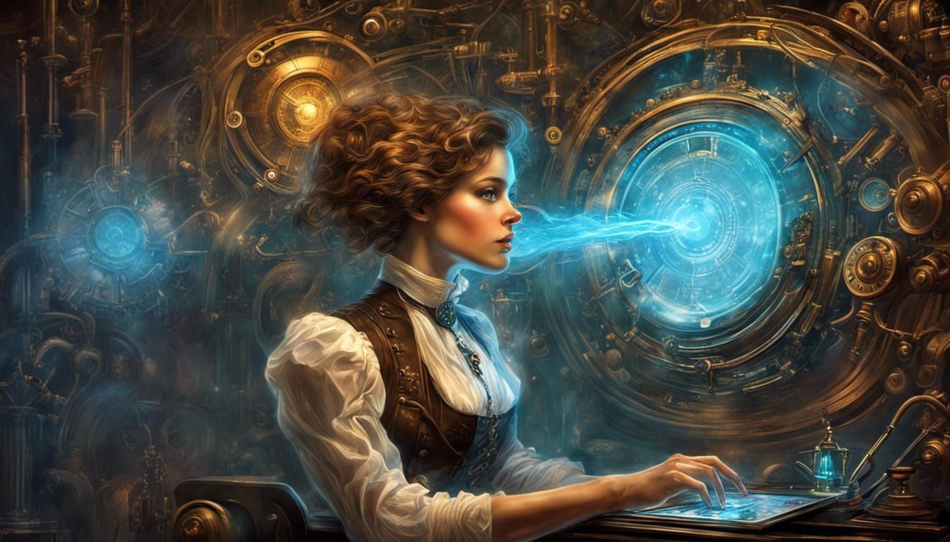Steampunk Hologram Woman with Vapor Background