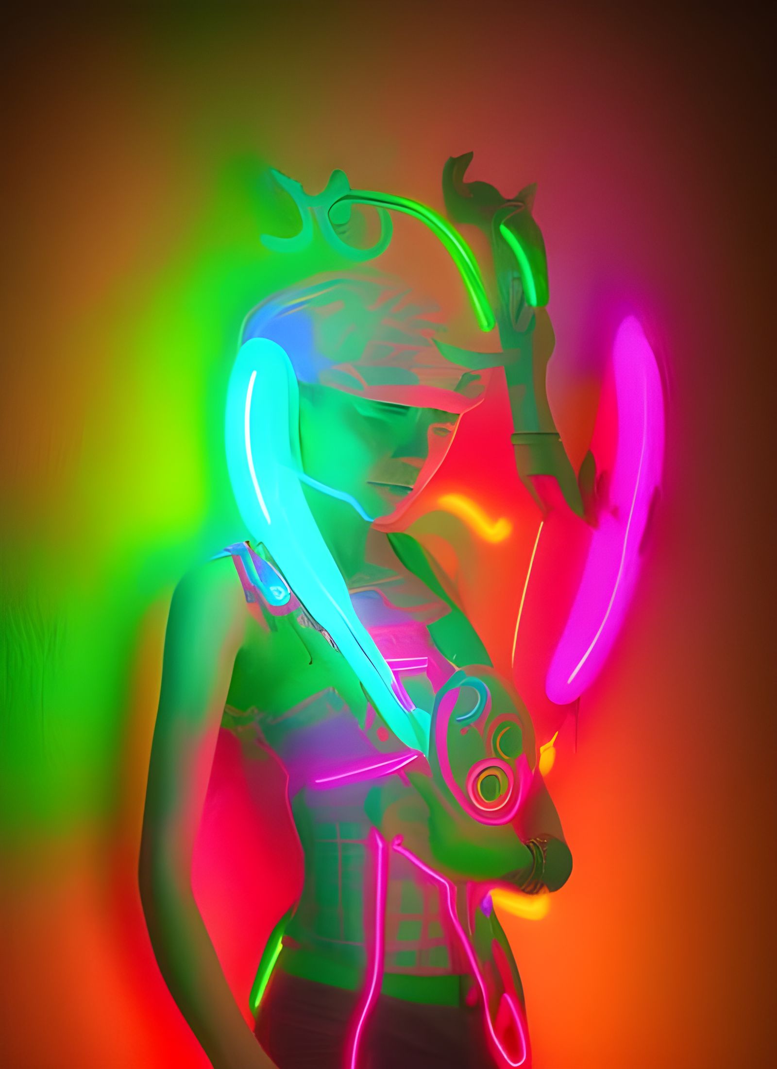 Glowing Neon Machine Elves in Psychedelic Style
