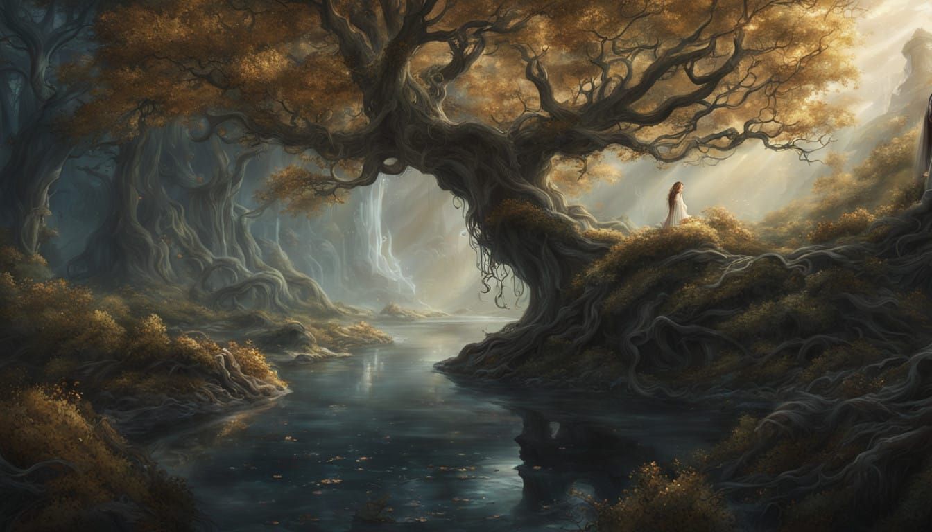 Ethereal Forest Goddess with Golden Hair and Luminous Dress