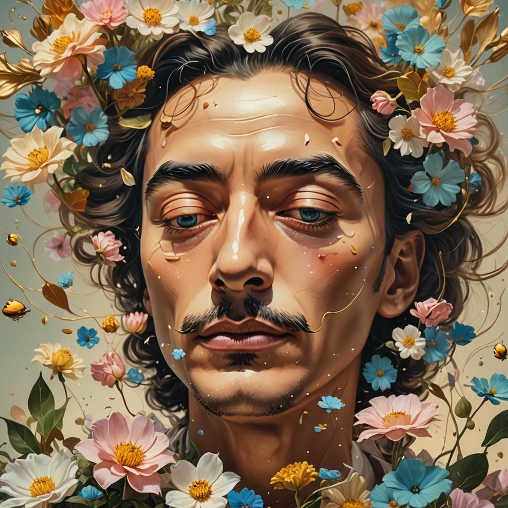 Dreamy Portrait with Floating Flowers in Surreal Style