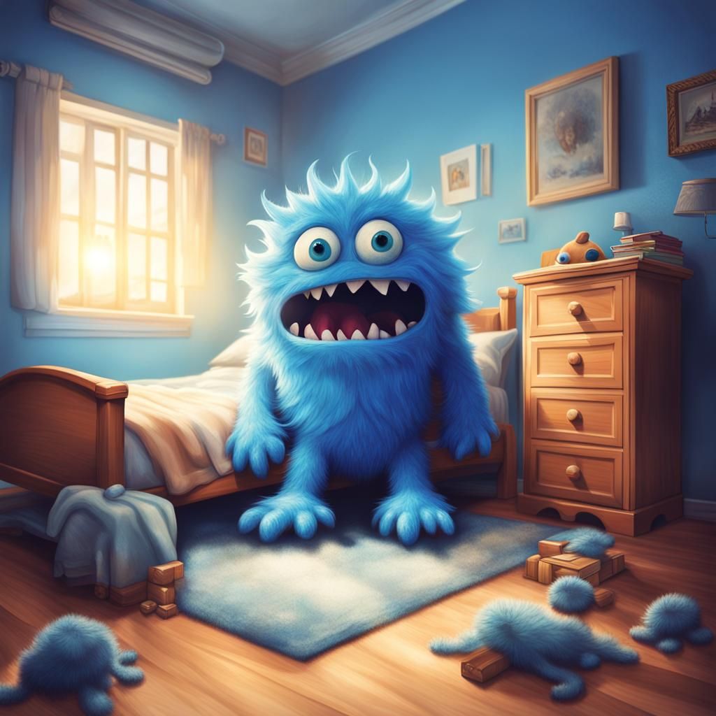 Afraid Blue Monster Hiding Under Bed