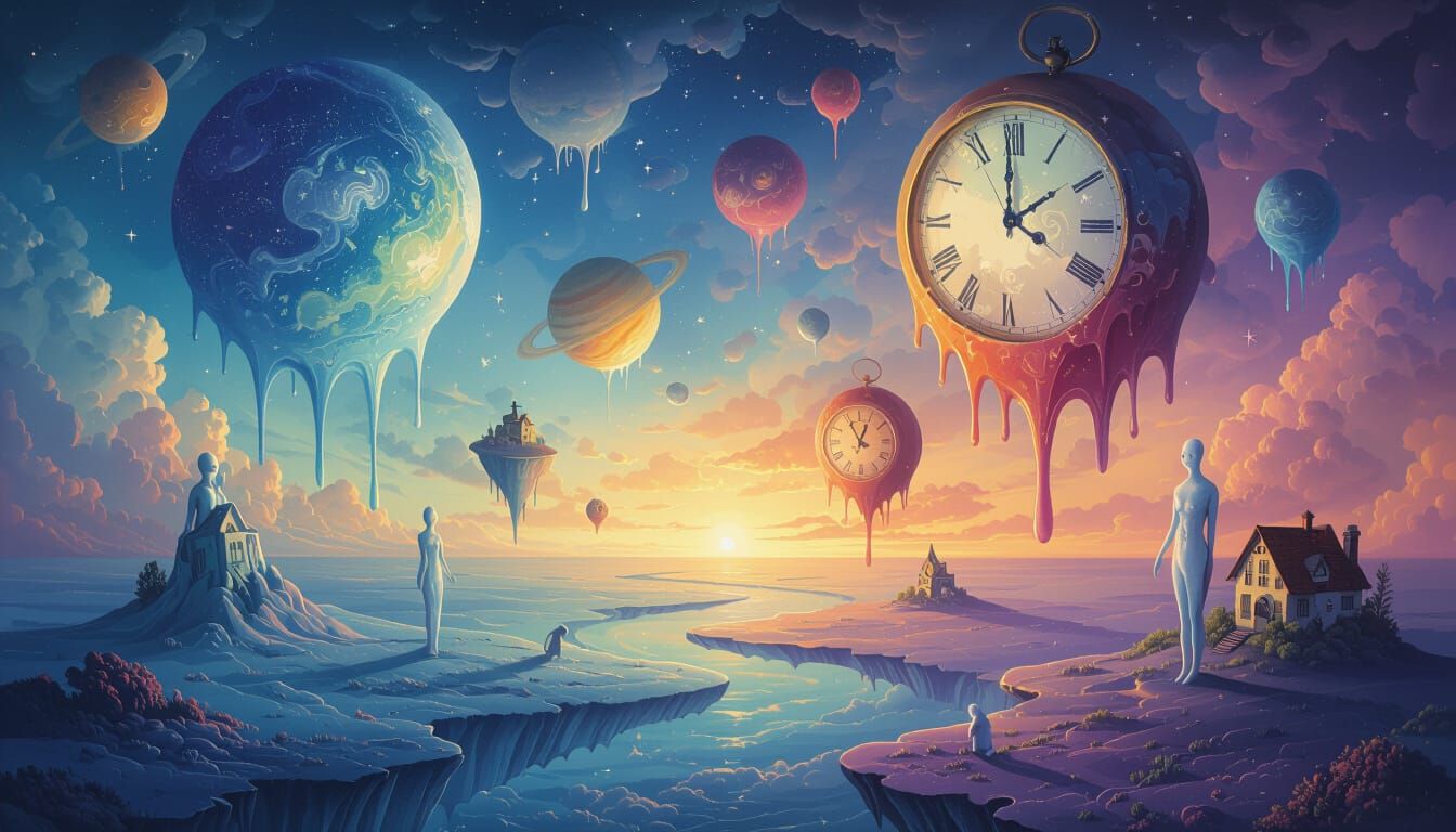 Surrealist Dreamscape with Melting Clocks and Planets