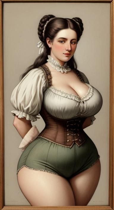 A beautiful big bosom cowhouse girl of 1800s with a beautiful waistline and thick thighs and wide hips wearing short clo...