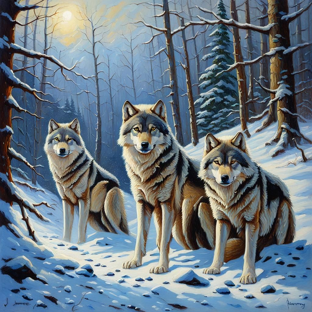 Snow Wolves Protecting Den: Oil Painting