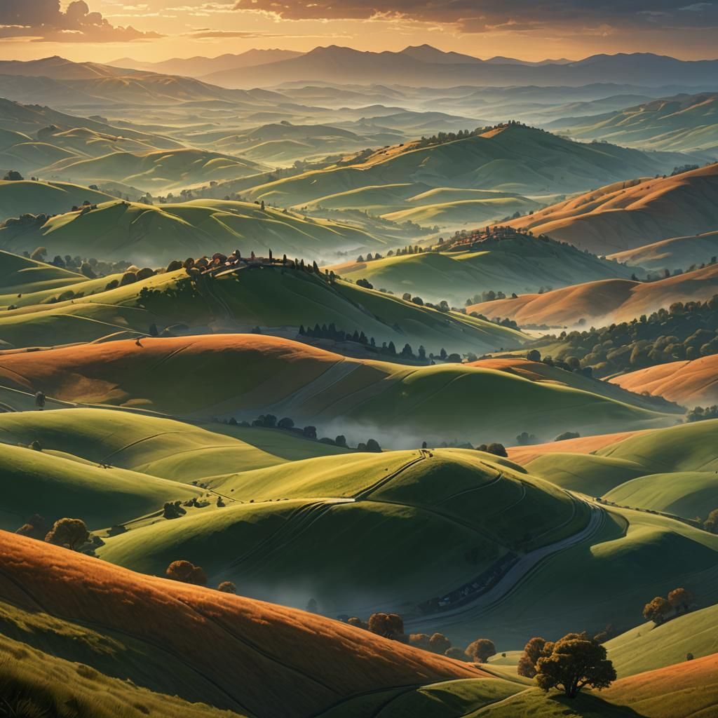 Rolling Hills with Golden Light in Matte Painting Style