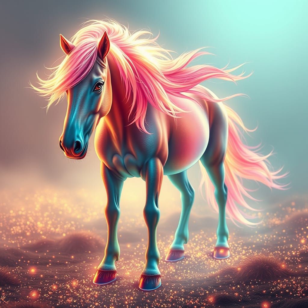 A cinematic, hyper-realistic digital illustration of a magical, neon-colored horse with a radiant, flowing mane. Each st...