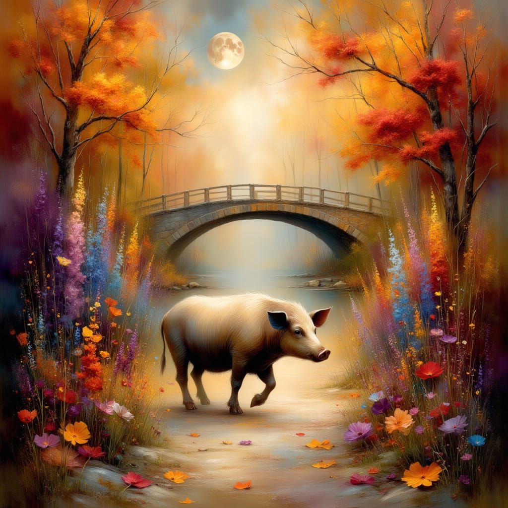 Impressionist Autumn Forest Path with Hog and Moon