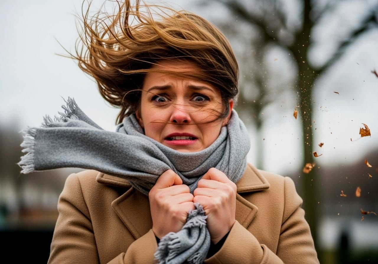Woman Battling Strong Winds