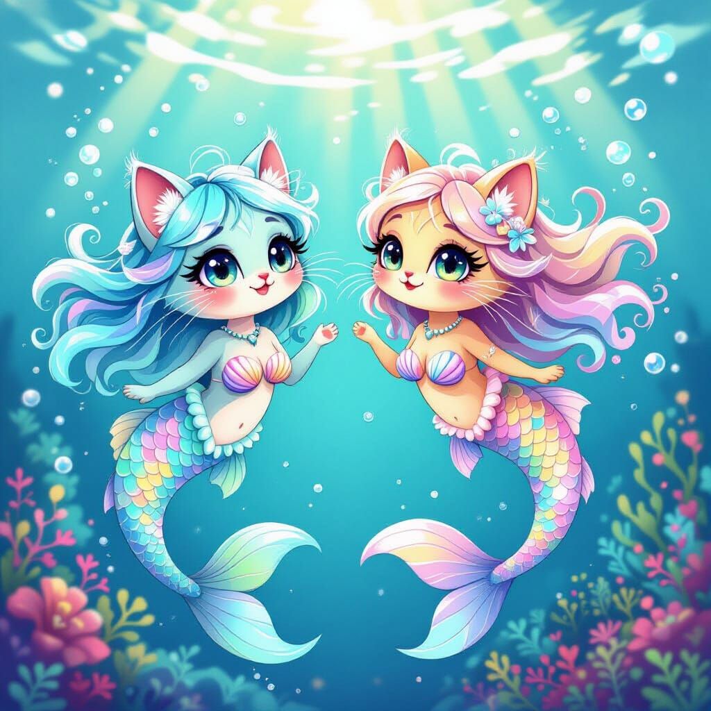 Playful Mermaid Cats in a Sunlit Ocean