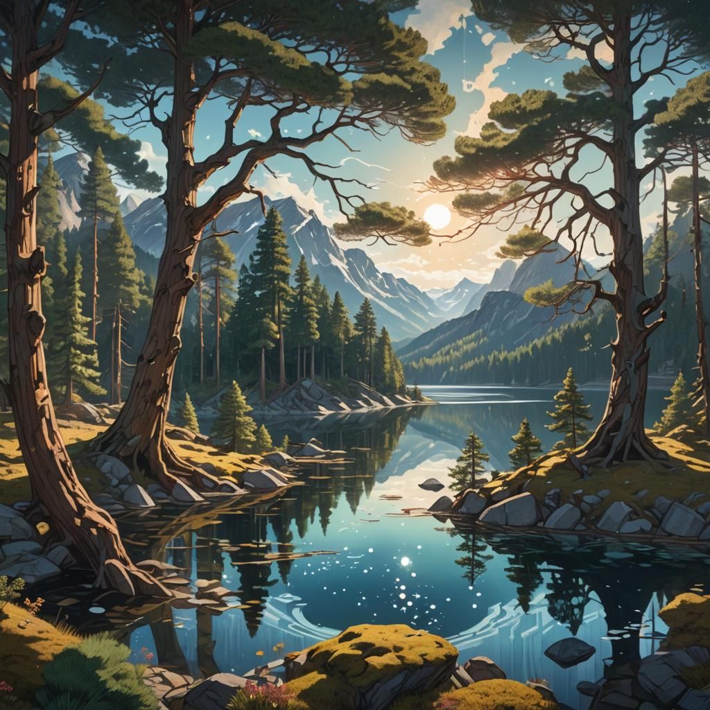 Mountain Lake Fantasy Art in Mannerist Style