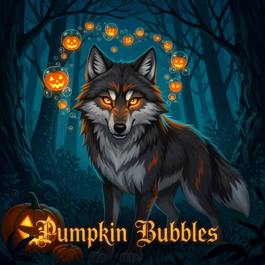 Mischievous Wolf with Pumpkin Bubbles in Twilight Forest