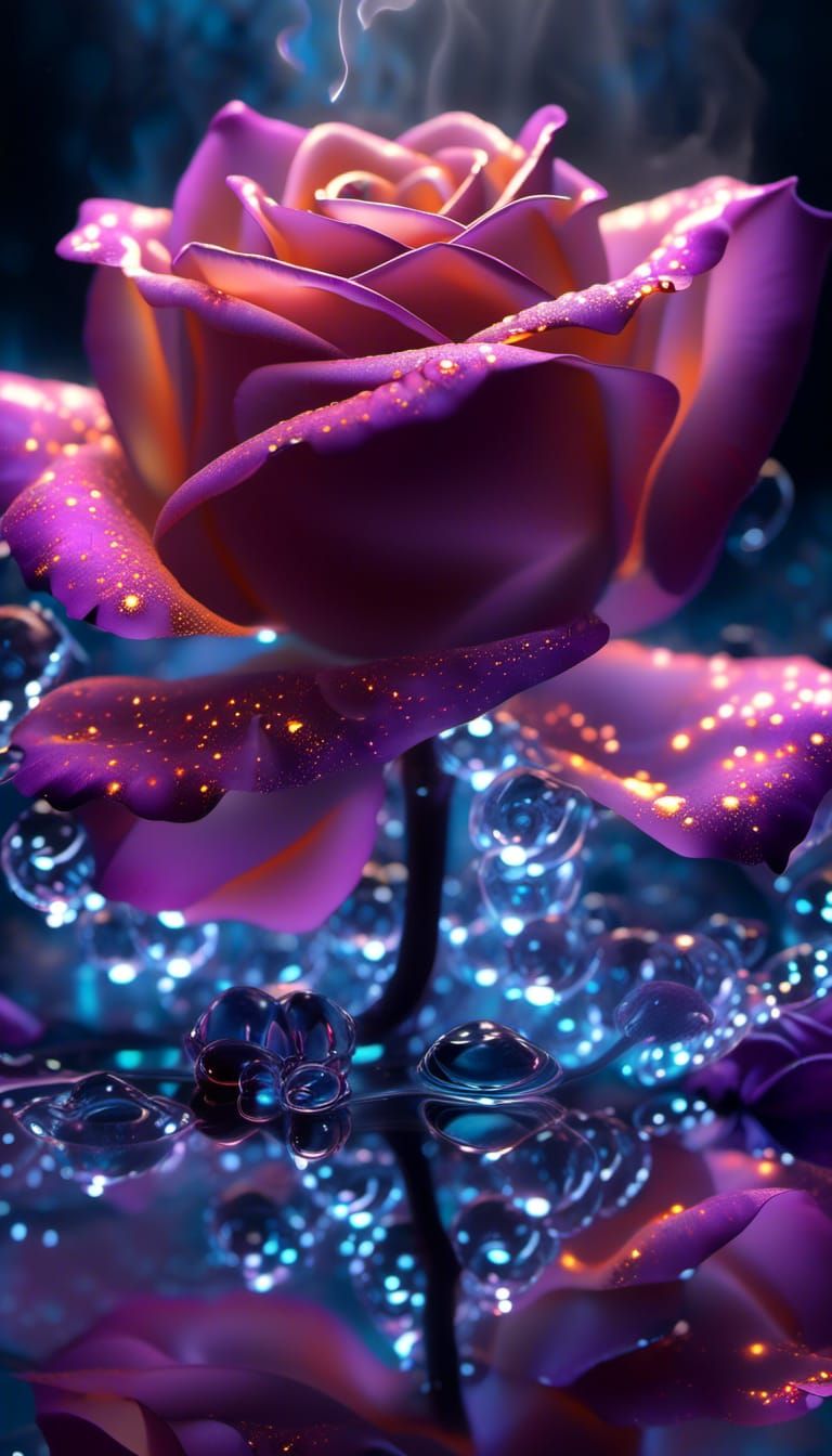 Luminous Tea Rose in Glass with Cosmic Smoke