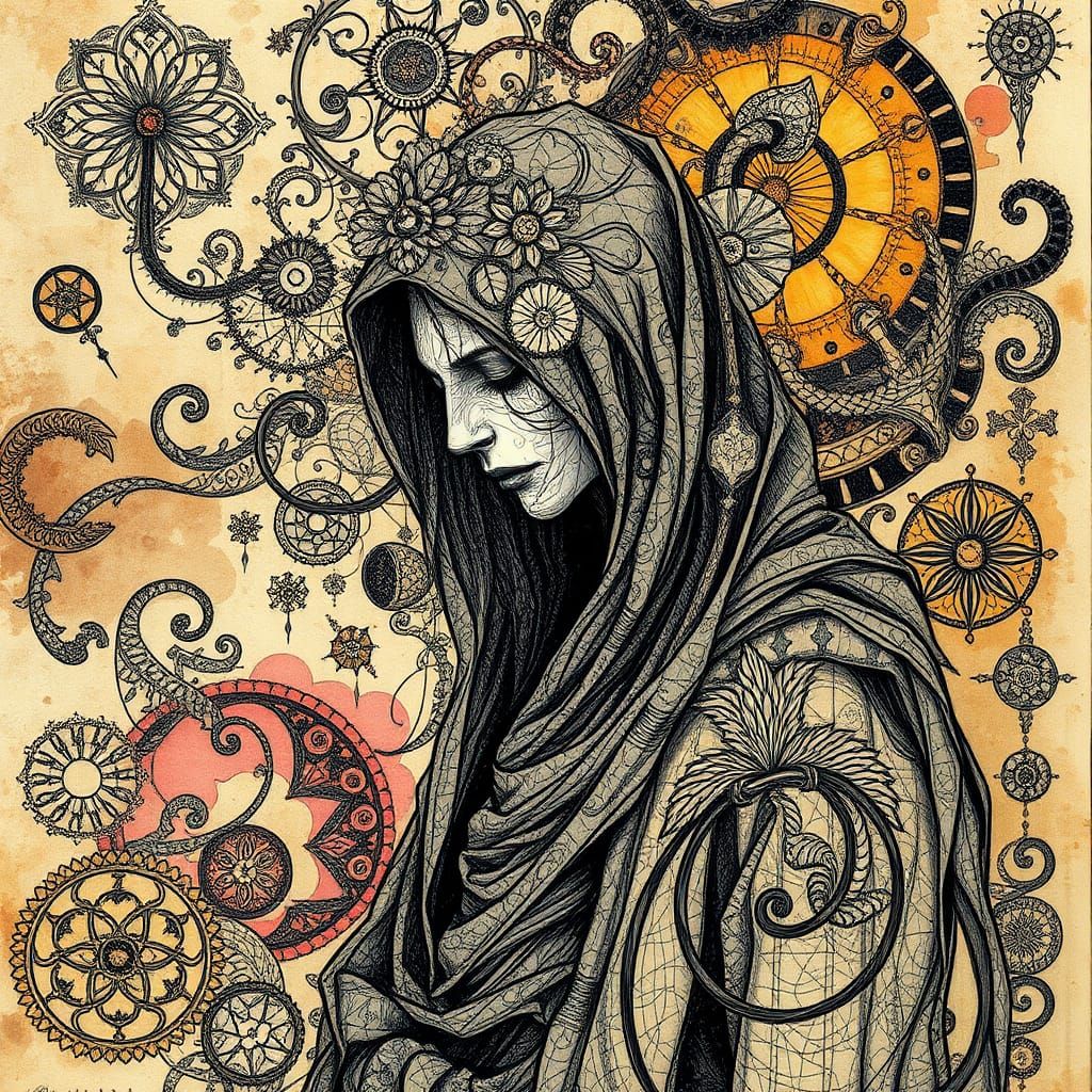 Melancholy Figure in Dreamscape of Ancient Art