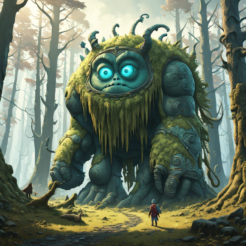 Glowing Forest Golem in Vibrant Mossy Landscape