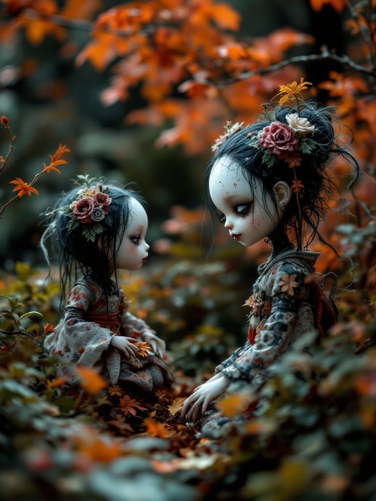 Creepy Cute Momiji Dolls in Garden, Mixed-Media Art