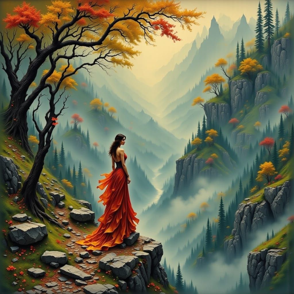 Elegant Woman on Misty Cliff, in Art Nouveau Style