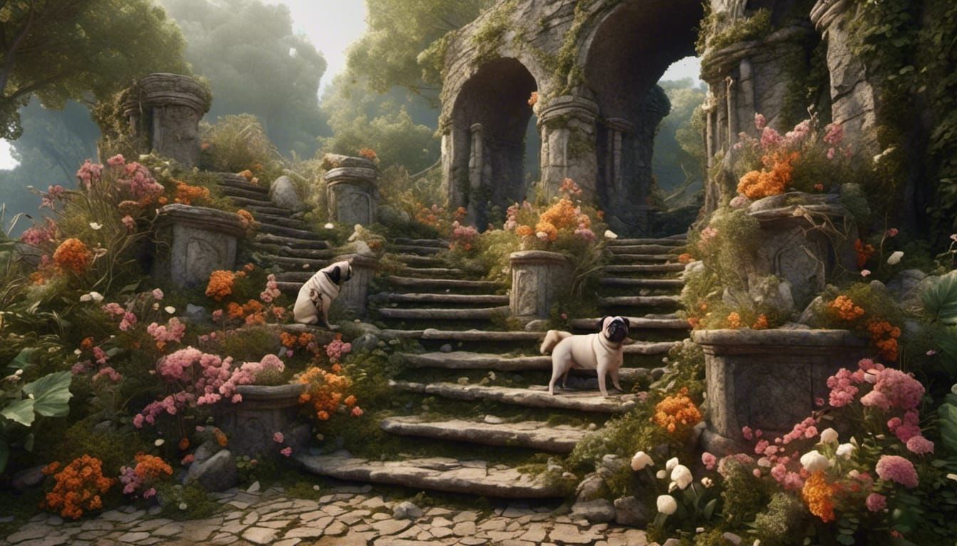 Ruins with Pugs, Vines, and Flowers