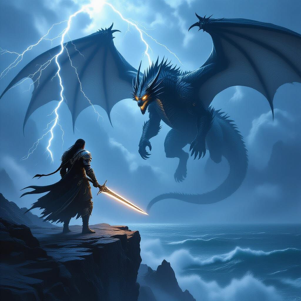 Warrior Faces Dragon on Stormy Cliff in Cinematic Style