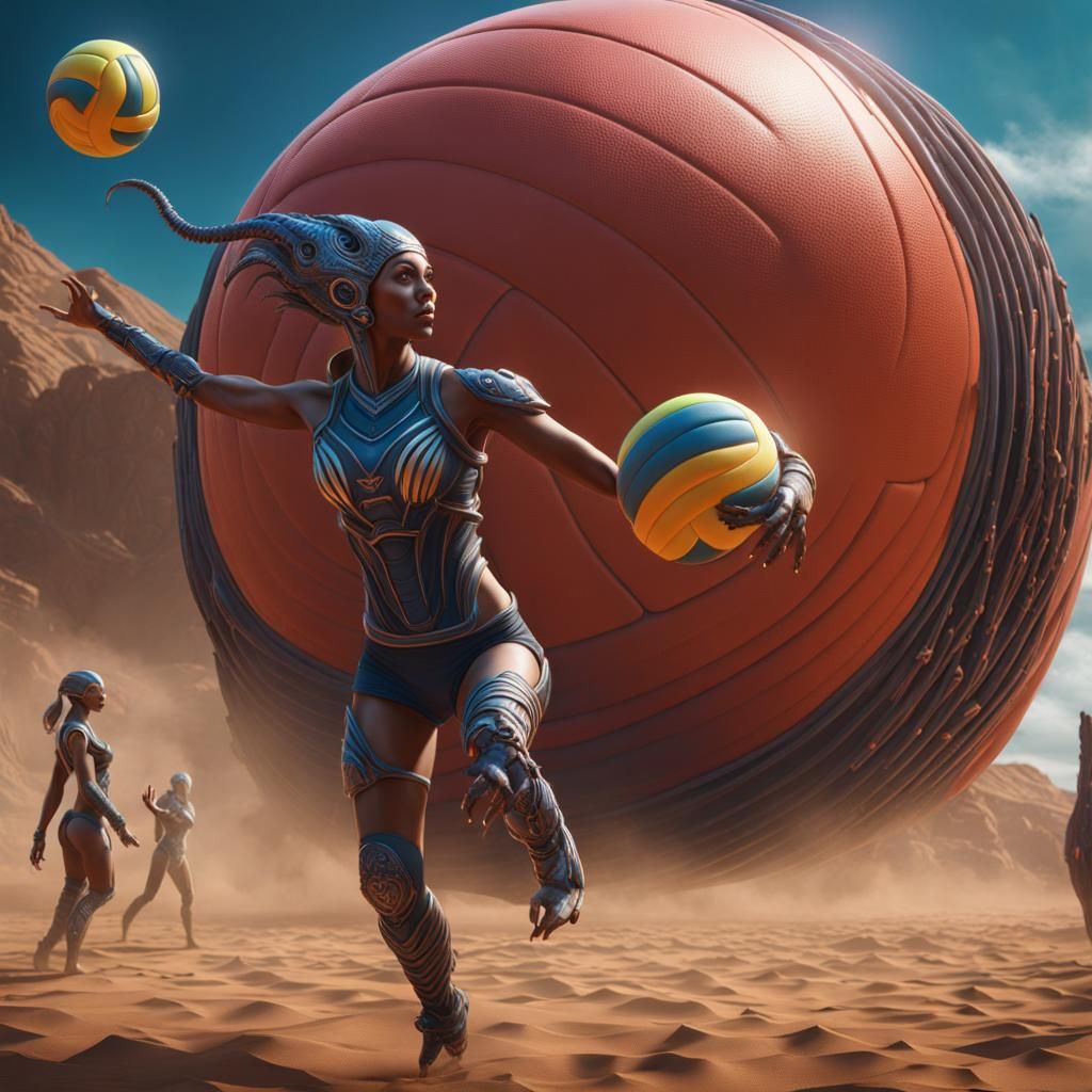 Alien Woman Playing Volleyball: Detailed Digital Art