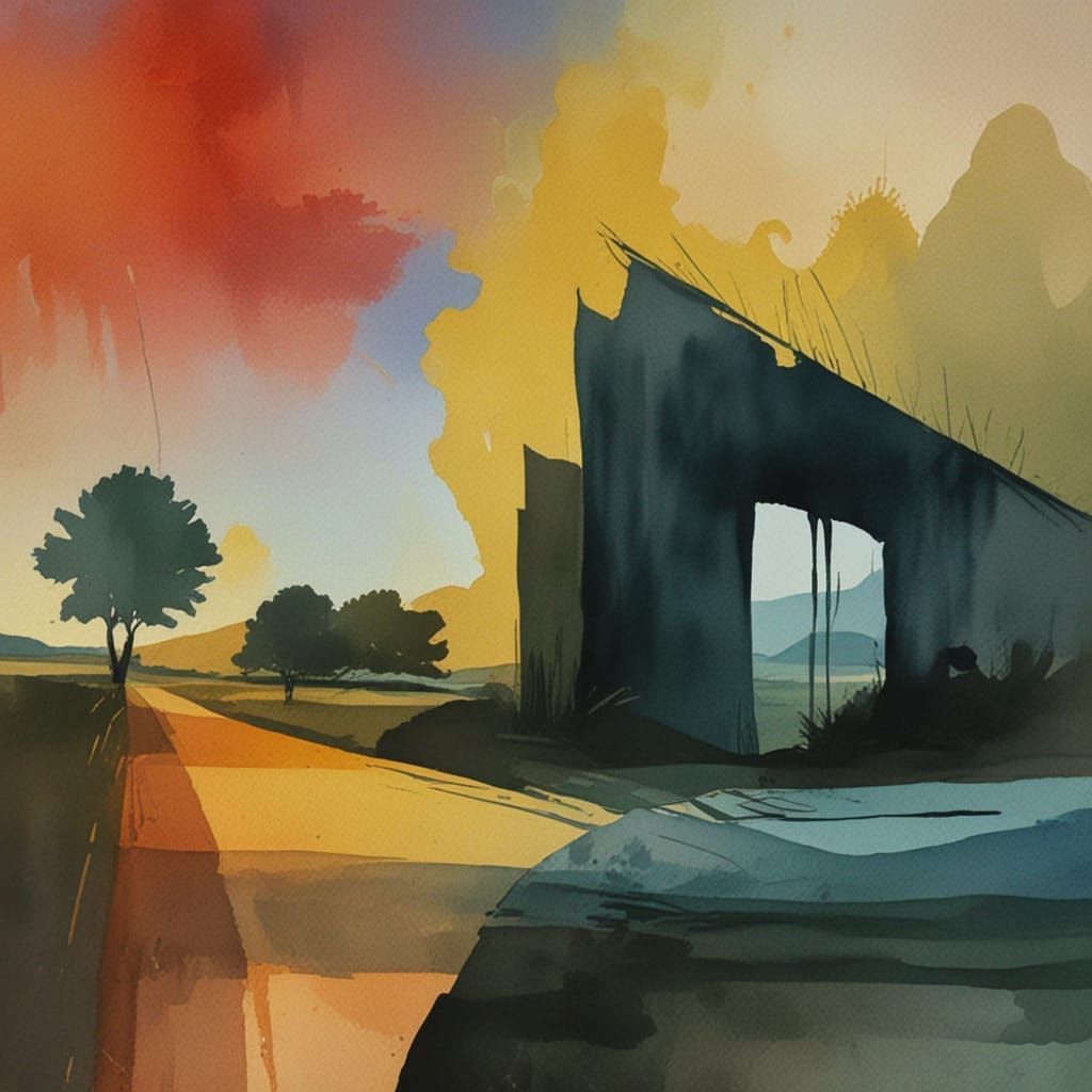 Impressionistic Blueprint Landscapes in Watercolor