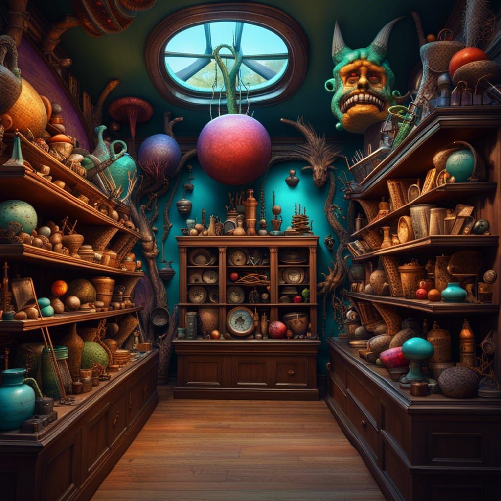 Wacky Museum Interior with Strange Objects