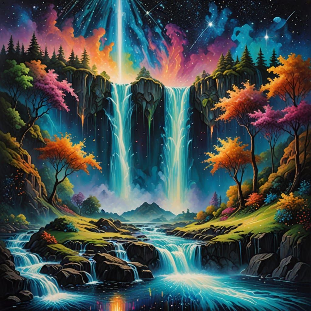 Surreal Waterfalls Flowing to the Stars: Oil Painting