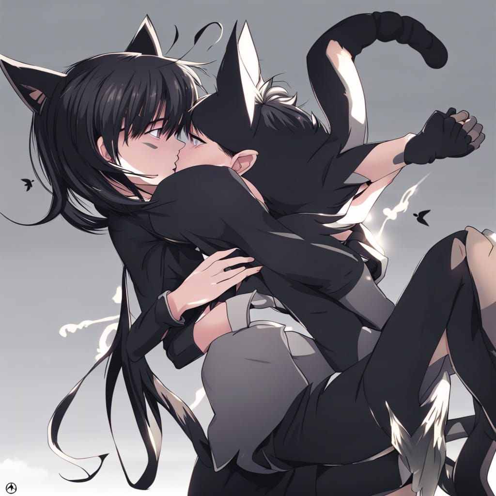 Anime Cat-Girl Kissing a Boy