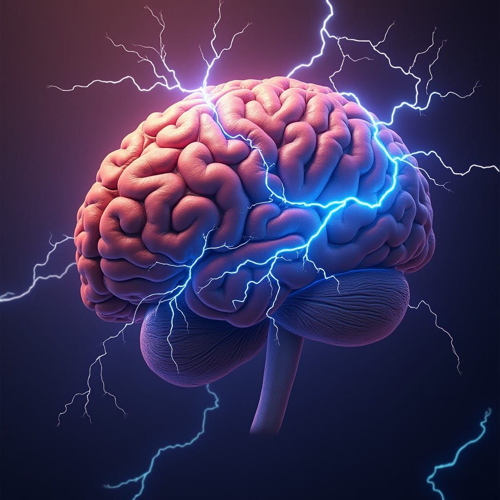 Epileptic Brain with Electric Blue Lightning Bolts in Dramat...