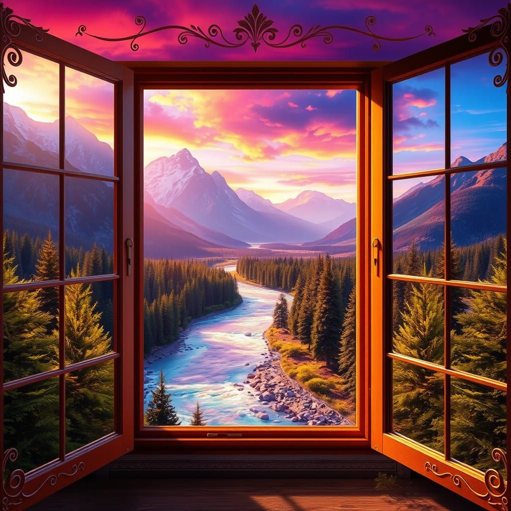 Golden Hour Landscape with Majestic Mountains and Tranquil R...