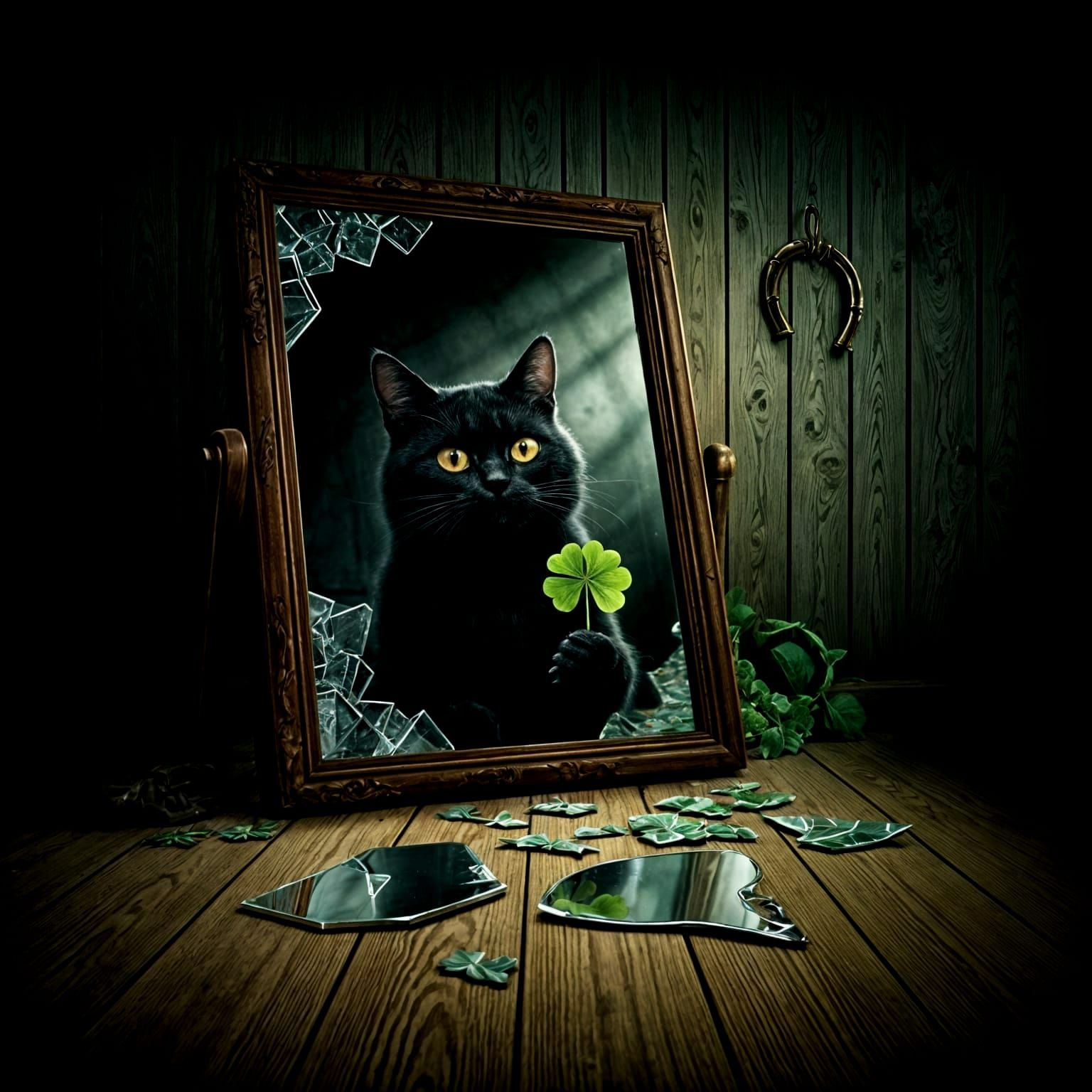 Anthropomorphic Black Cat Reflected in Broken Mirror