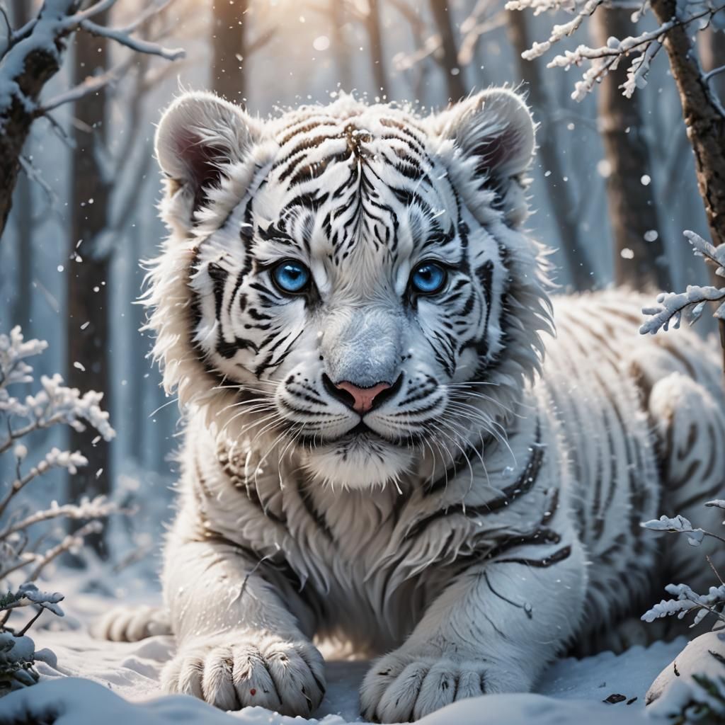 Cute Baby White Tiger in Snowy Forest