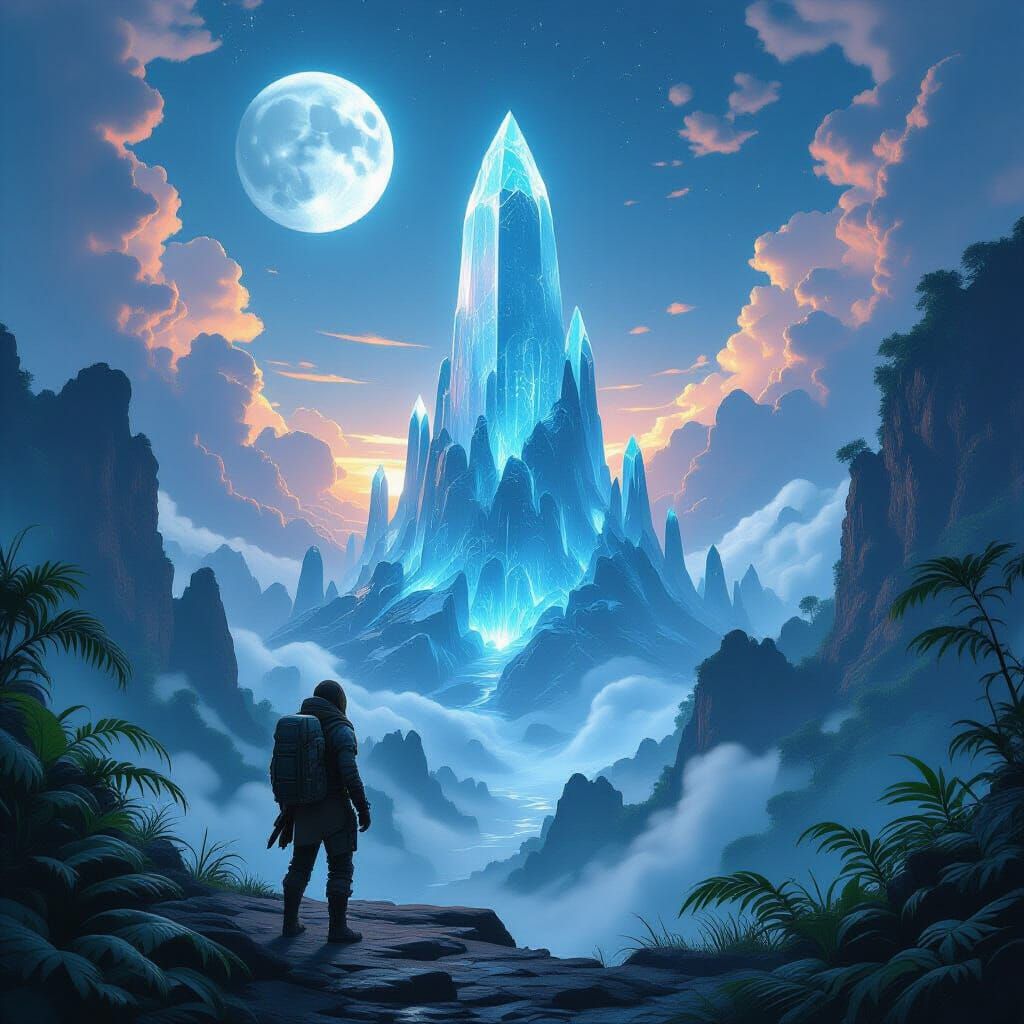 Explorer Gazes at Alien Jungle Crystal Formation