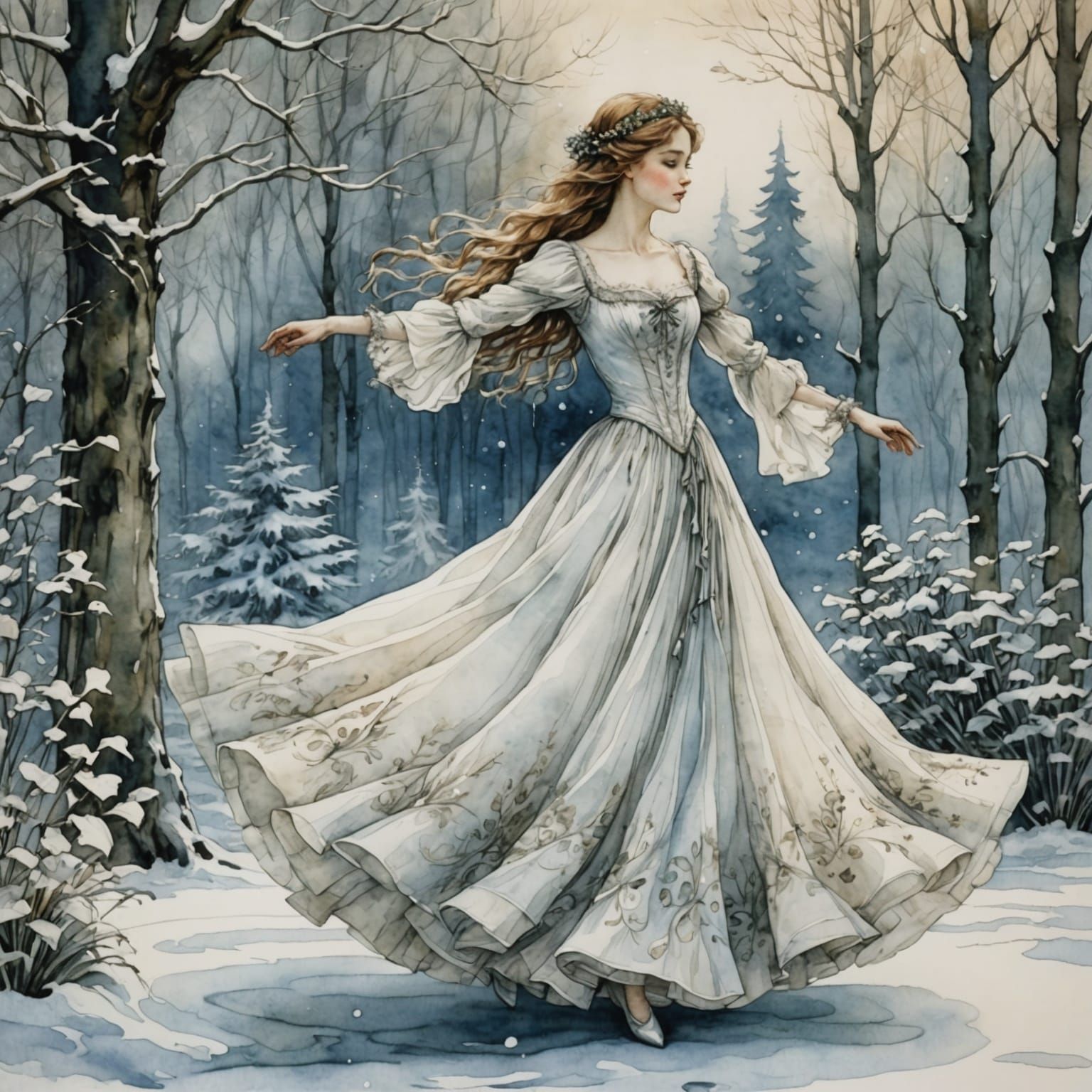 Fairytale Girl Dancing in Winter Garden: Watercolor Anime