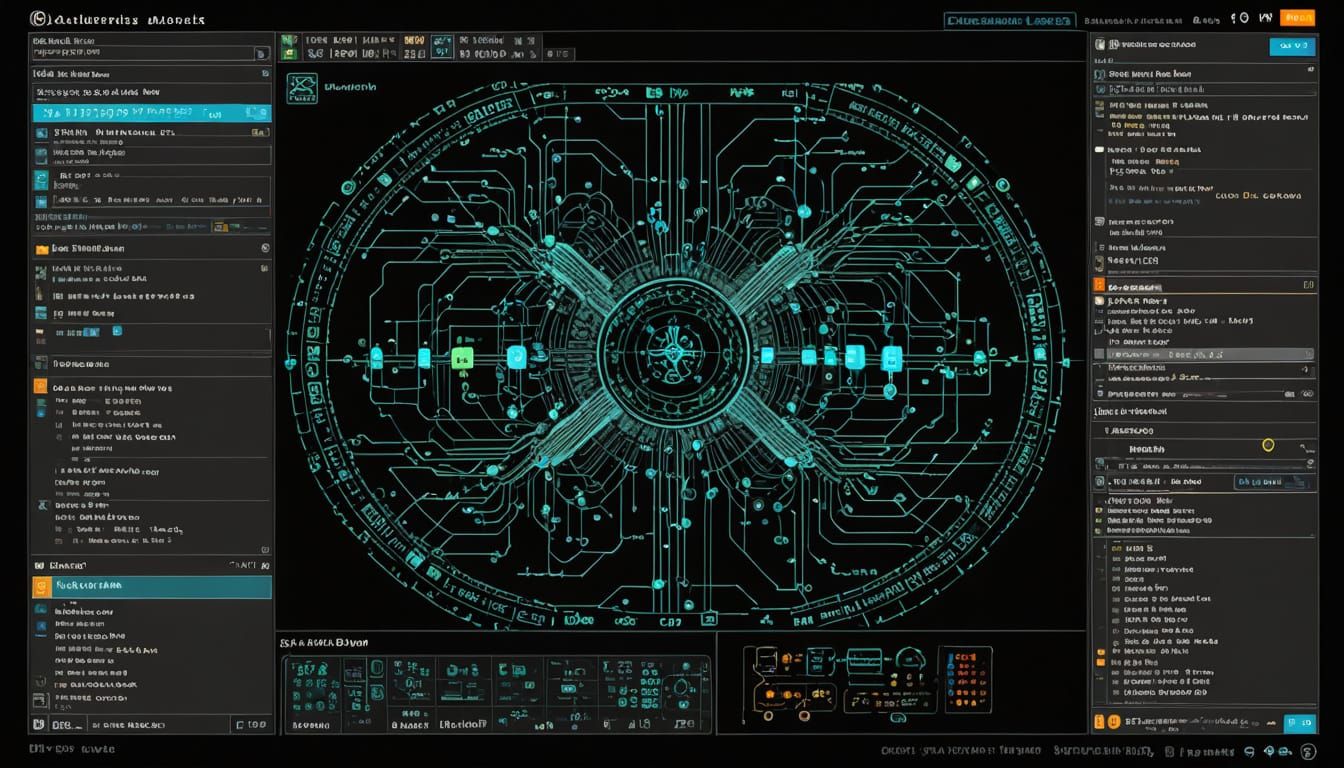 Neural Network Interface in Dark, Intricate Diagrams