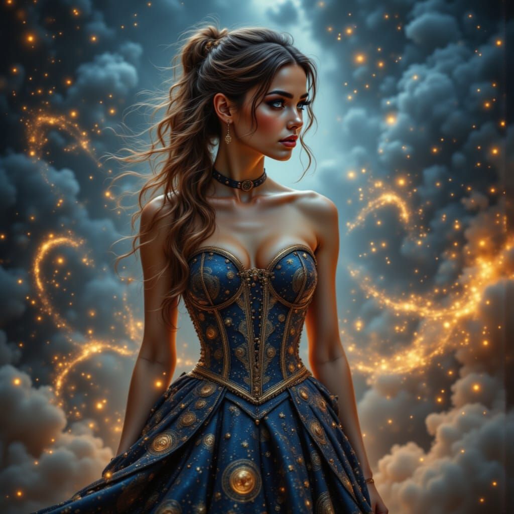 Celestial Gown Adorned with Star Charts and Constellations