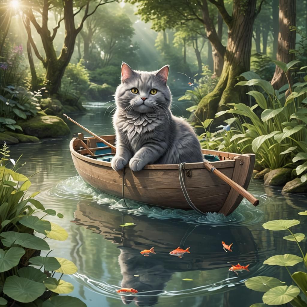 Fluffy Cat Fishing in Fantasy Forest Scene