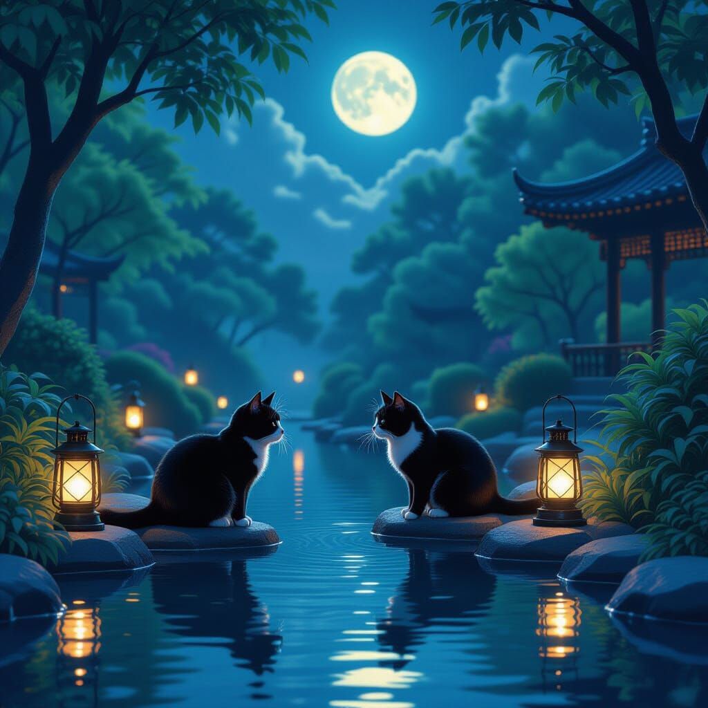 Cats in Moonlit Garden with Glowing Lanterns