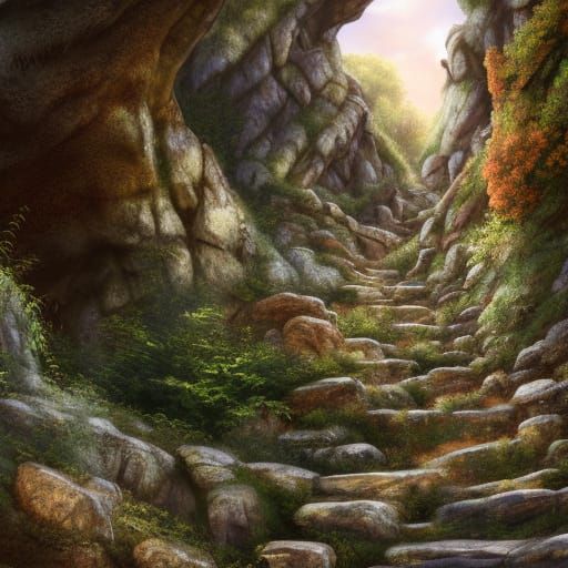 Ancient Stone Staircase to Oasis: Hyperrealistic Concept Art