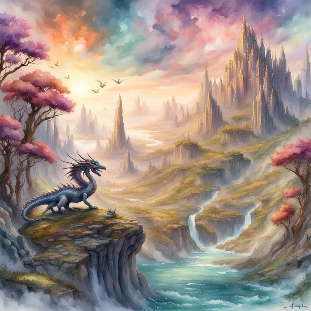 Dragon in Fantasy Landscape Watercolour Masterpiece