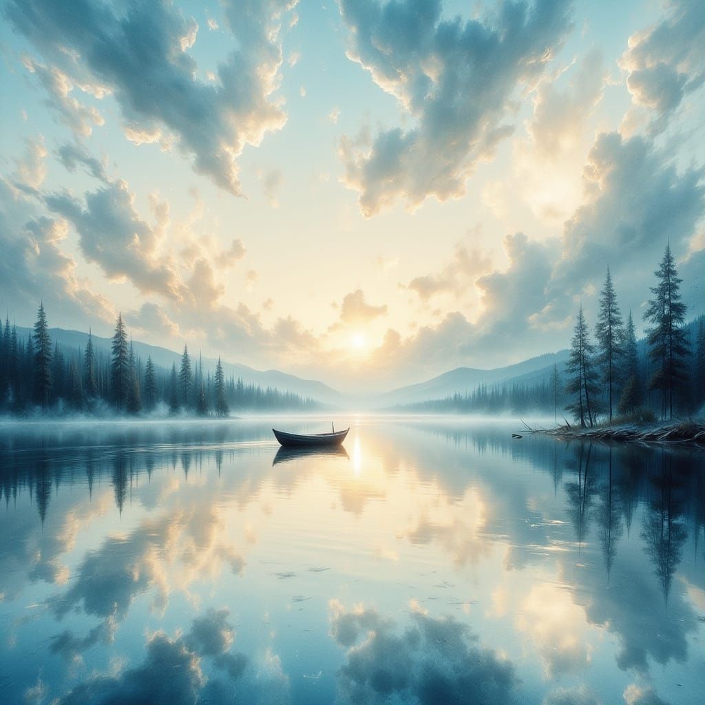 Serene Lake Reflection with Pastel Clouds and Gentle Sun