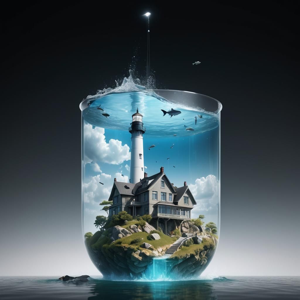 Surreal Lighthouse House with Fish, Digital Art