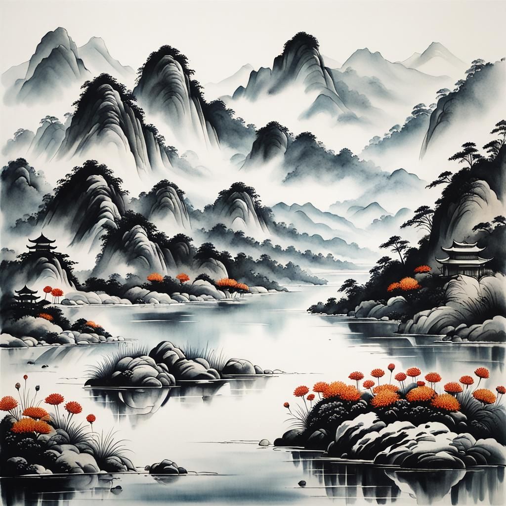 Minimalist Chinese Ink Painting of Chrysanthemums